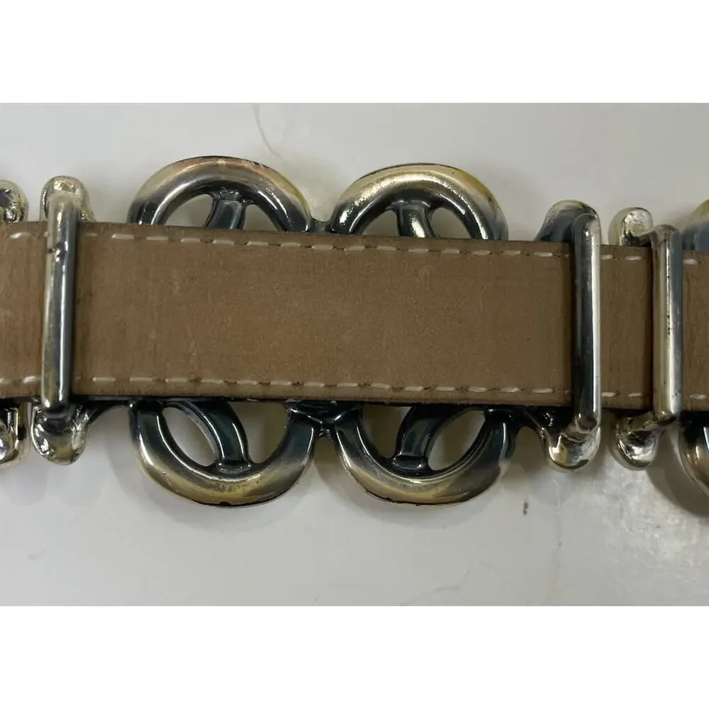 Vintage Accente’ Silver Tone Link Belt Black Leather 32” Small Western Baroque